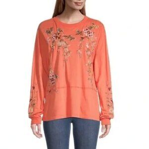 Johnny Was Acacia Seamed Relaxed Long Sleeve Tee Orange M